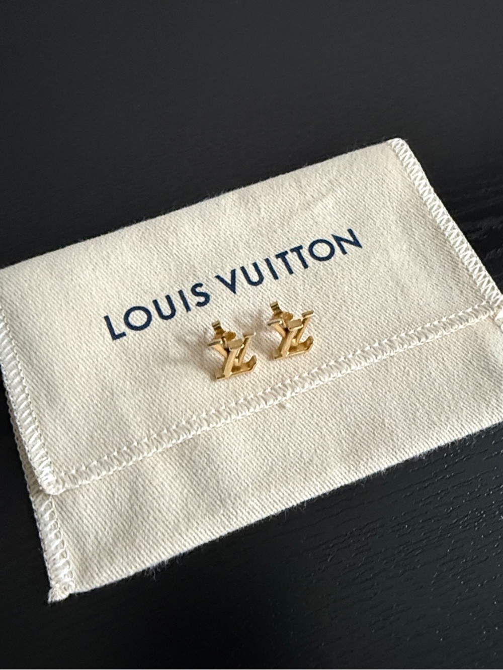 Louis Vuitton Gold LV Monogram Stud Earrings on Branded Pouch